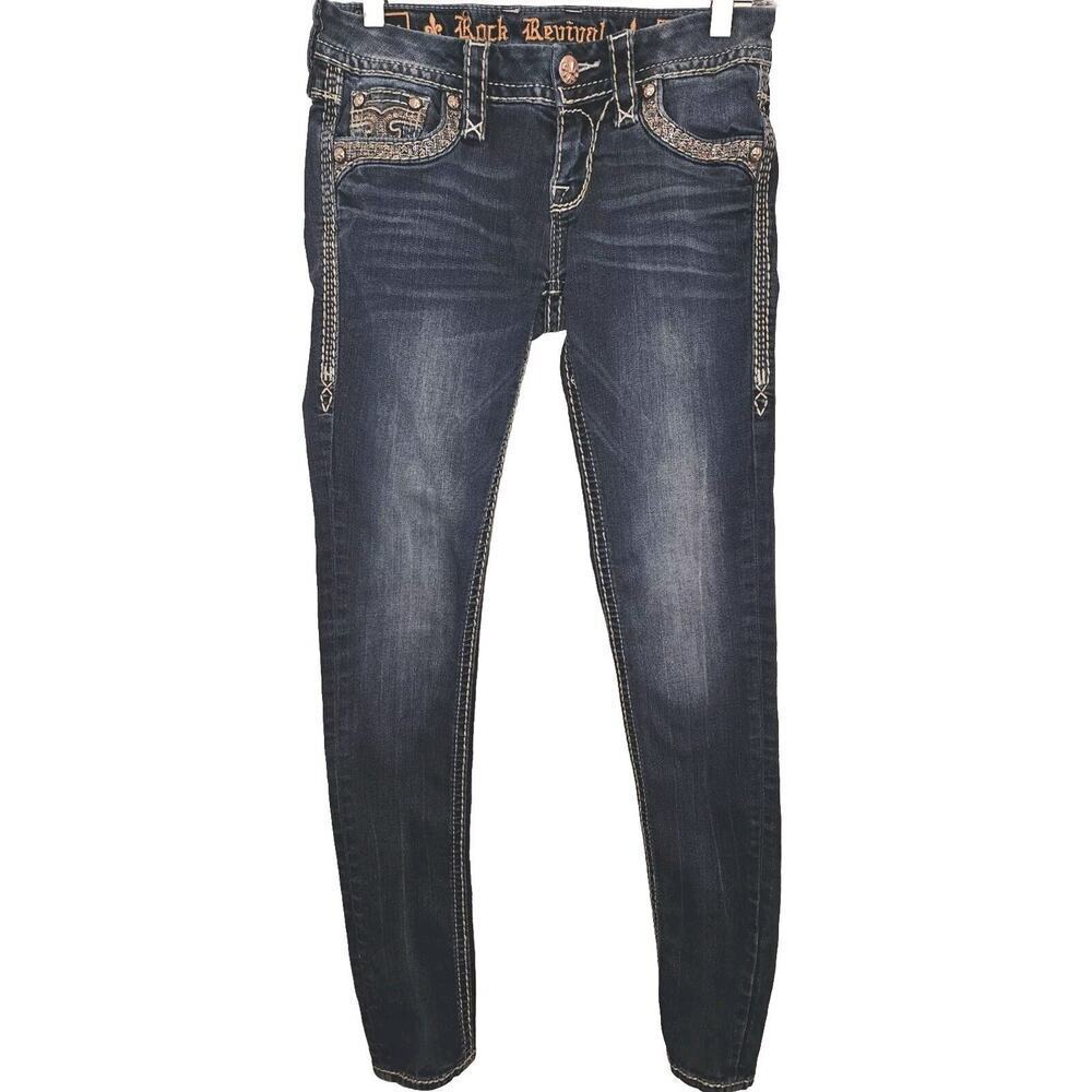 Rock Revival Jeans Women 26 Blue Skinny Rhinestone Thick Stitch Vaness Jeans